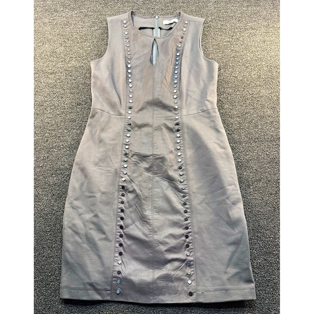 My Tribe Gray Leather Studded Sheath Dress Round Neck Knee Length Zip Sz M